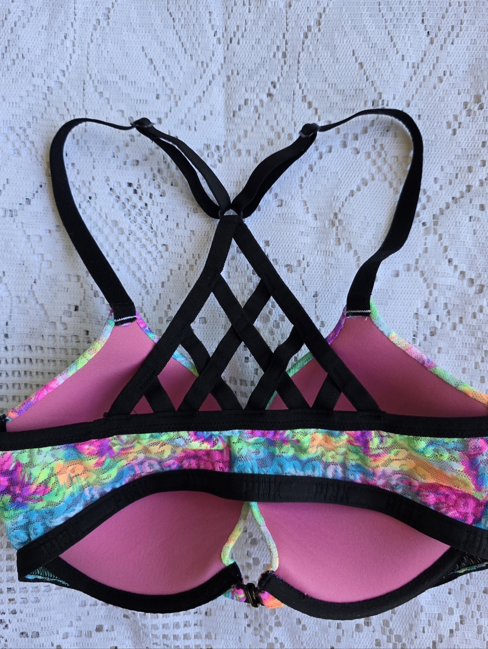 PINK Victoria's Secret Push Up Bra 32DD Front Closure Lace Underwire Padded Neon - Picture 4 of 12